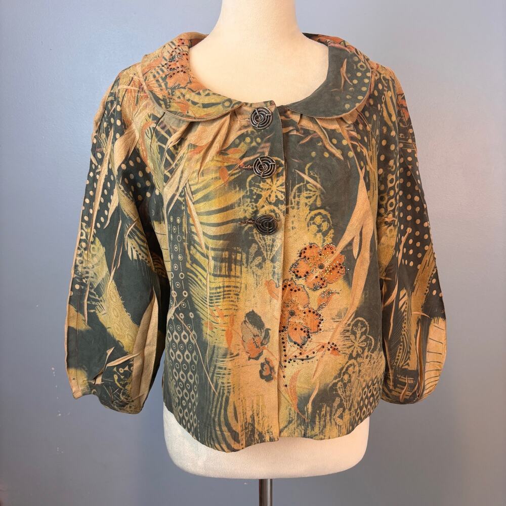 BLEU Safari Floral Print Button Blazer Women XL Blouson Sleeve Peter Pan Collar